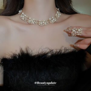 **French Vintage Pearl & Diamond Set: Regal Earrings & Necklace for Timeless Elegance**