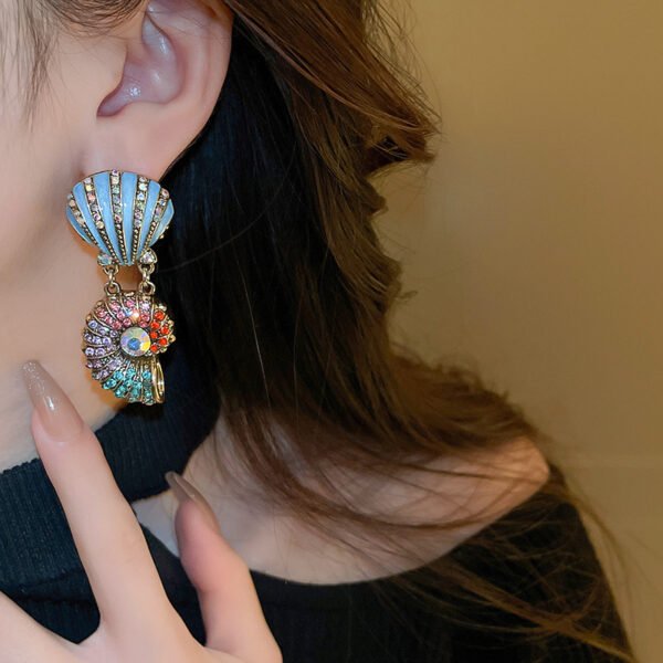 Vintage-inspired Shell Drop Earrings – Bold Statement with Crystal Accents - Image 3