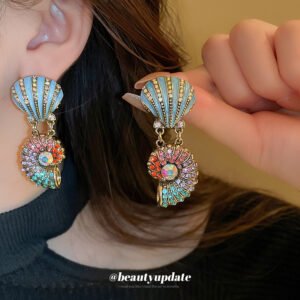 Vintage-inspired Shell Drop Earrings – Bold Statement with Crystal Accents