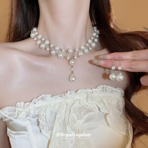 Vintage Pearl Drop Earrings & Necklace Set - French Inspired Layered Choker (2-Piece)  ​