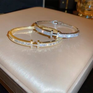 Zircon Letter Snap Bracelet – Trendy Luxury Cuff for Women, Elegant Adjustable Hand Jewelry