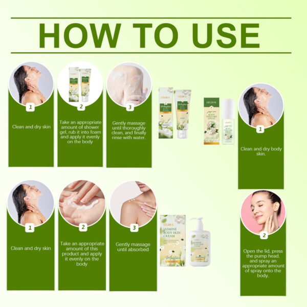 EELHOE Jasmine Body Skin Care Set, gently cleanses and moisturizes the body skin, with a light jasmine fragrance that lingers. - Image 7